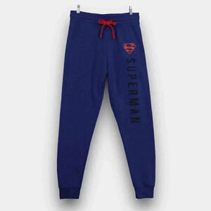 DC Comics Superman Jogger Sweatpants S & M Blue Fleece Drawstring Logo Cuffed